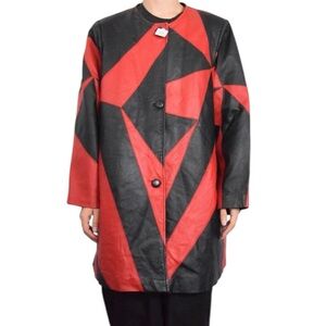 1990s Via Accenti red and black leather patchwork geometric print swing coat XXL